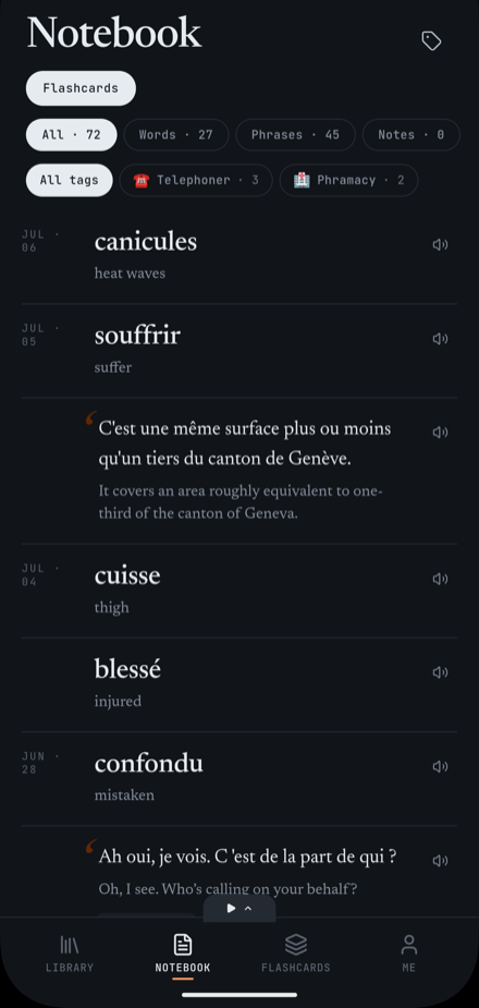 The E-clair Notebook: saved French words and phrases, each with its English translation.