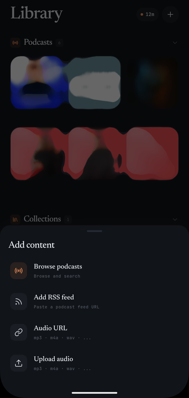 The Add content sheet in E-clair, listing four ways in: browse podcasts, add an RSS feed, paste an audio URL, or upload audio.